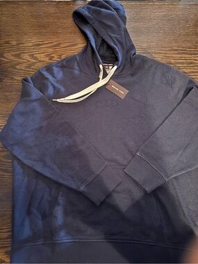Michael Kors Navy Pullover Hoodie Contrast Drawstrings Embroidered Logo & Pocket